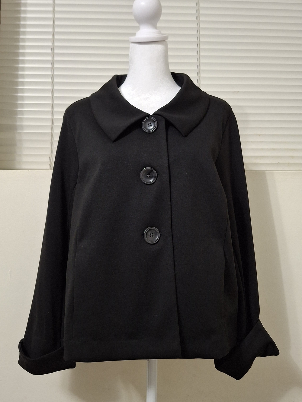 GEORGE Black Button Front Swing Jacket Coat Collared Cuffed Sleeves L (12-14)